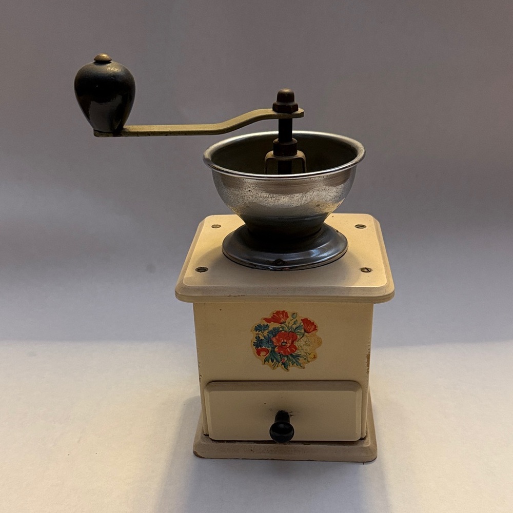 Vintage Hand Crank Cream Color Wood Coffee Grinder Floral Design with Drawer